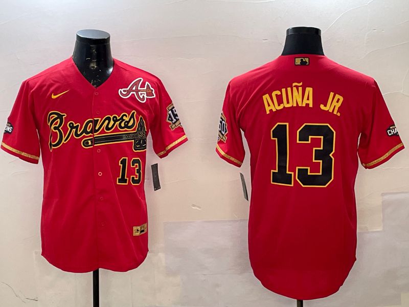 Men Atlanta Braves 13 Acuna jr Red gold Game 2025 Nike MLB Jersey style 2